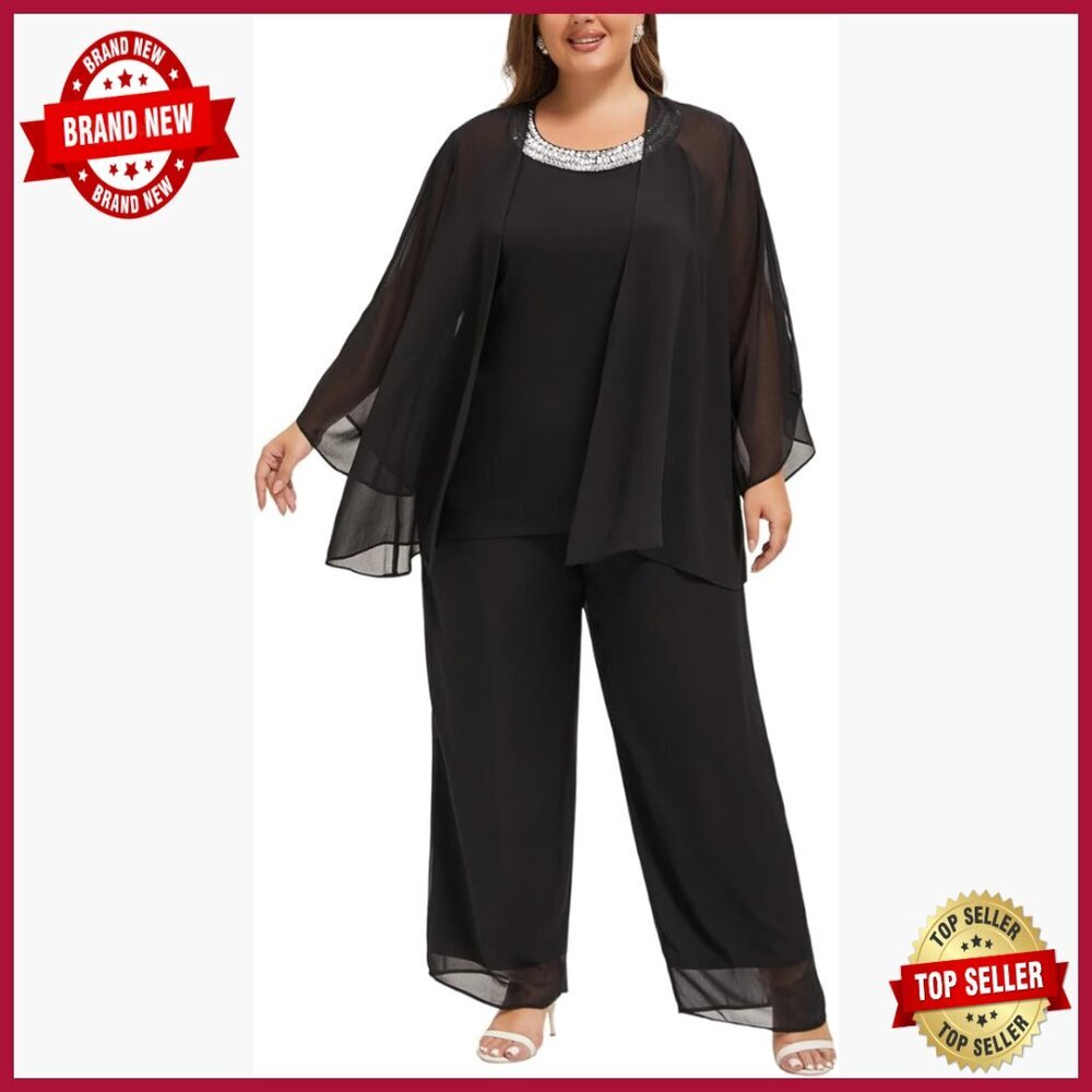 Plus Size Chiffon Pantsuit 3-Piece Set Hand Sewn Diamonds Wedding Guest Outfit
